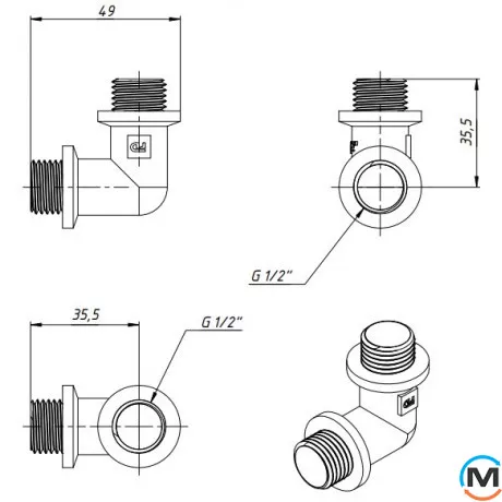 Нікель Fado Куток 1/2" HH, Тип різьблення: Зовнішня/Зовнішня, Діаметр різьблення: 1/2", фото , зображення 2