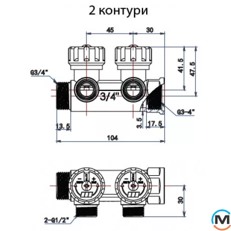 Розподільний колектор з регулюючими вентилями 2 контури 3/4''x1/2", латунь, Tervix Pro Line WD, Кількість виходів: 2, фото , зображення 2