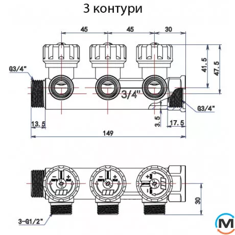 Розподільний колектор з регулюючими вентилями 3 контури 3/4''x1/2", латунь, Tervix Pro Line WD, Кількість виходів: 3, фото , зображення 2