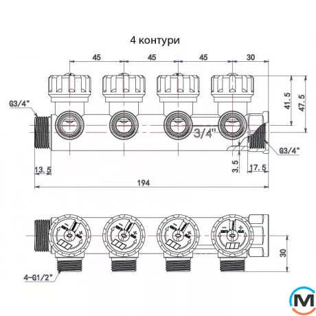 Розподільний колектор з регулюючими вентилями 4 контури 3/4''x1/2", латунь, Tervix Pro Line WD, Кількість виходів: 4, фото , зображення 2