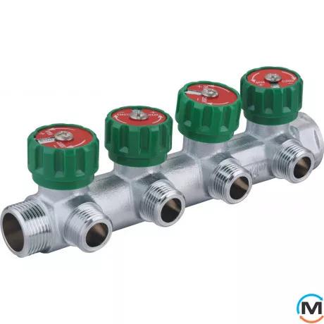 Розподільний колектор з регулюючими вентилями 4 контури 3/4''x1/2", латунь, Tervix Pro Line WD, Кількість виходів: 4, фото 
